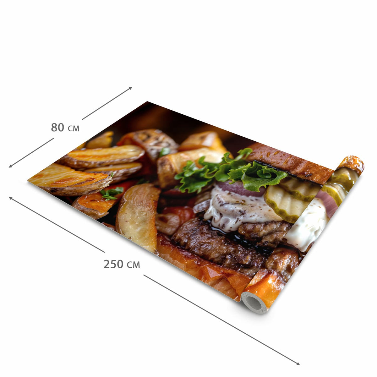 Feuchtigkeitsresistenter Teppich für die Küche mit Motiv Burger mit Pommes in der Grösse 80x280 cm