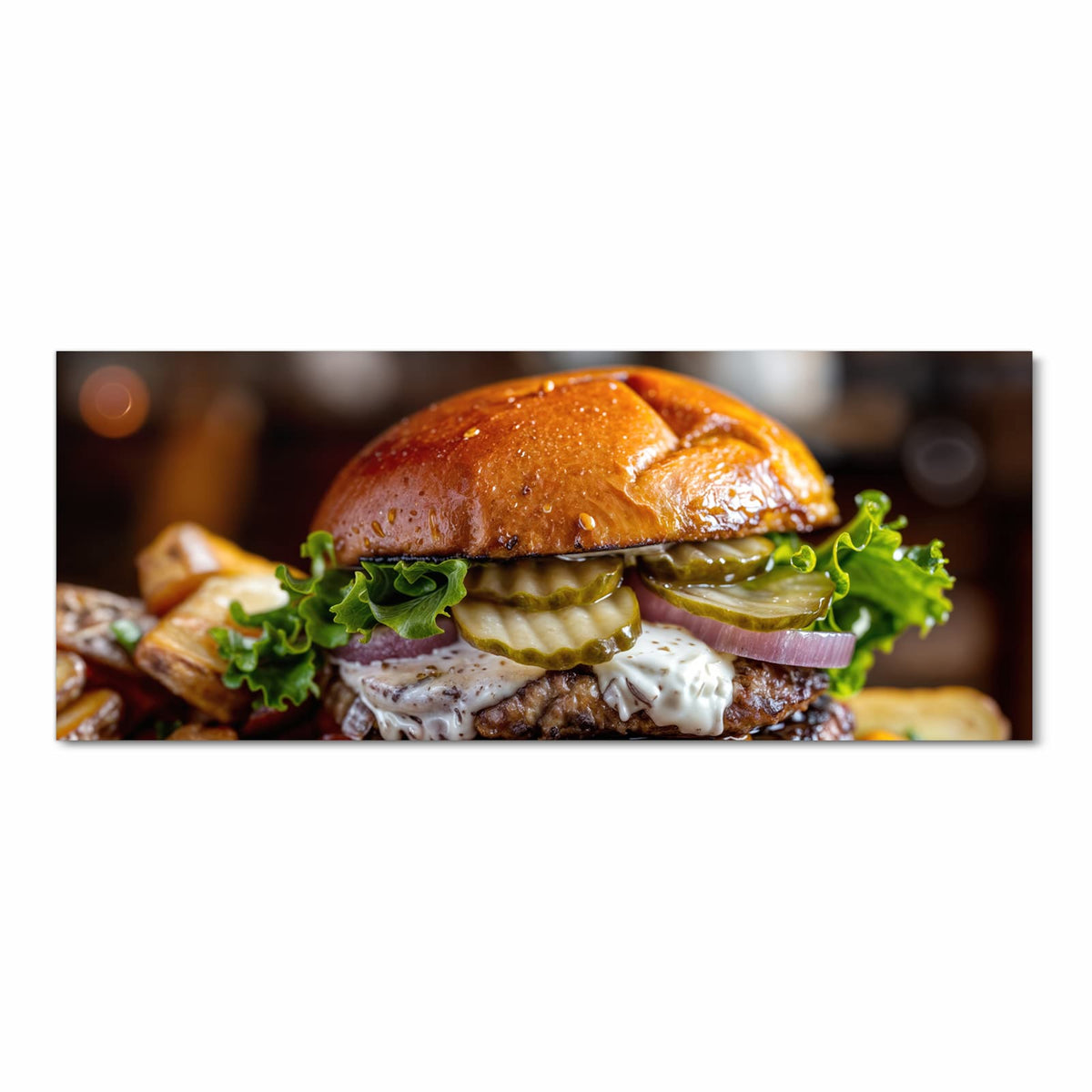 Geruchsneutraler waschbarer Küchenteppich mit Motiv Burger mit Pommes in Frontansicht