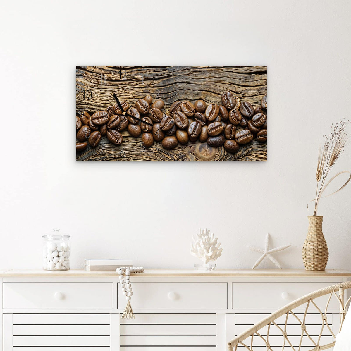 Wanduhr Kaffeebohnen Holz aus Glas – Querformat 60 × 30 cm – Glänzende Kaffeebohnen auf Holz
