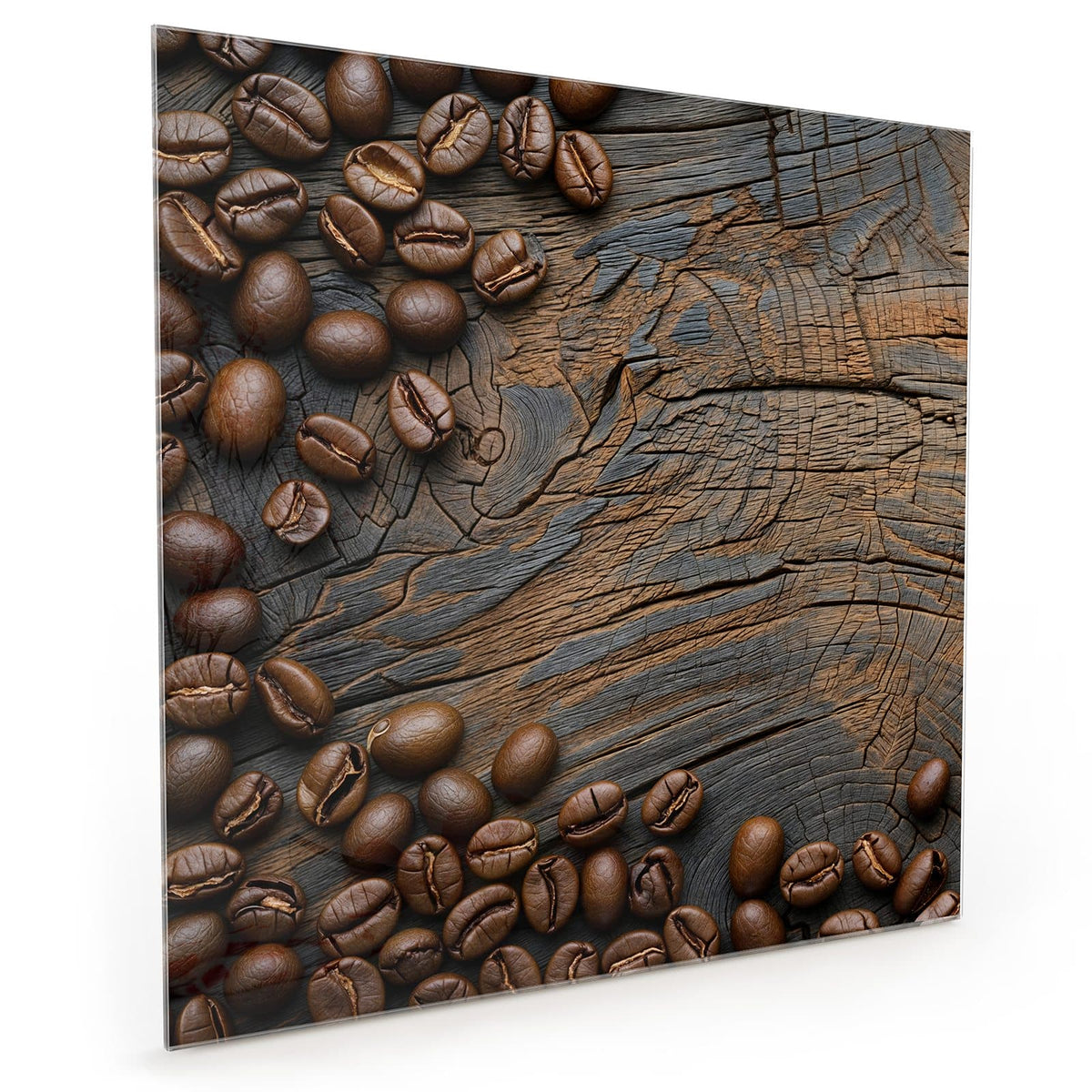 Küchenrückwand aus Glas im quadratischen Format mit Motiv Bohnenrahmen auf Holz: Kaffeebohnen an zwei Bildrändern auf tief rissigem, grau-braunem Altholz #grösse_40 x 40 cm #grösse_50 x 50 cm #grösse_60 x 60 cm