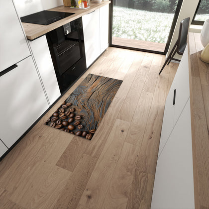 Küchenteppich mit dem Motiv Bohnenrahmen auf Holz