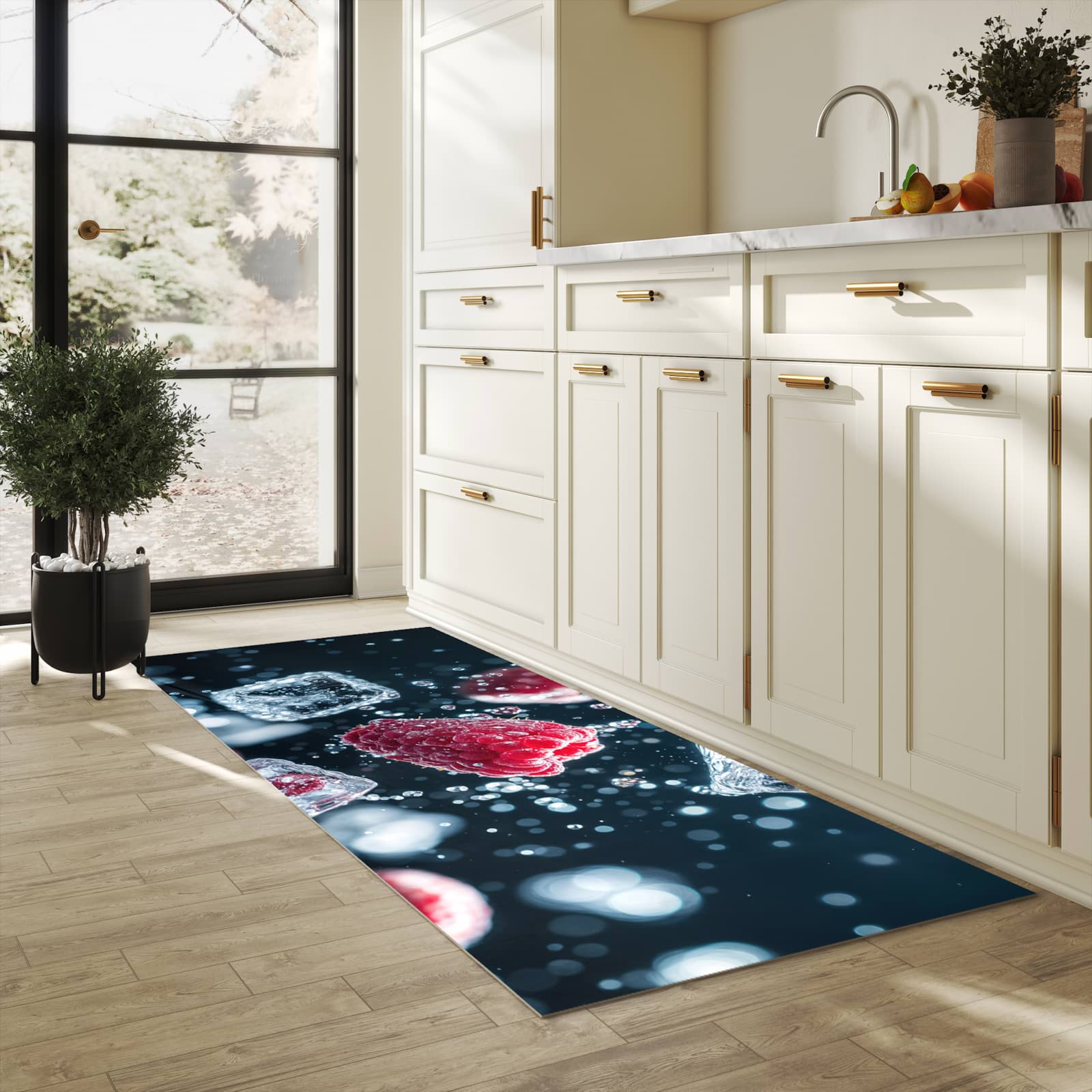 Rutschfester Küchenteppich mit Motiv Himbeeren im Regen in heller Küche
