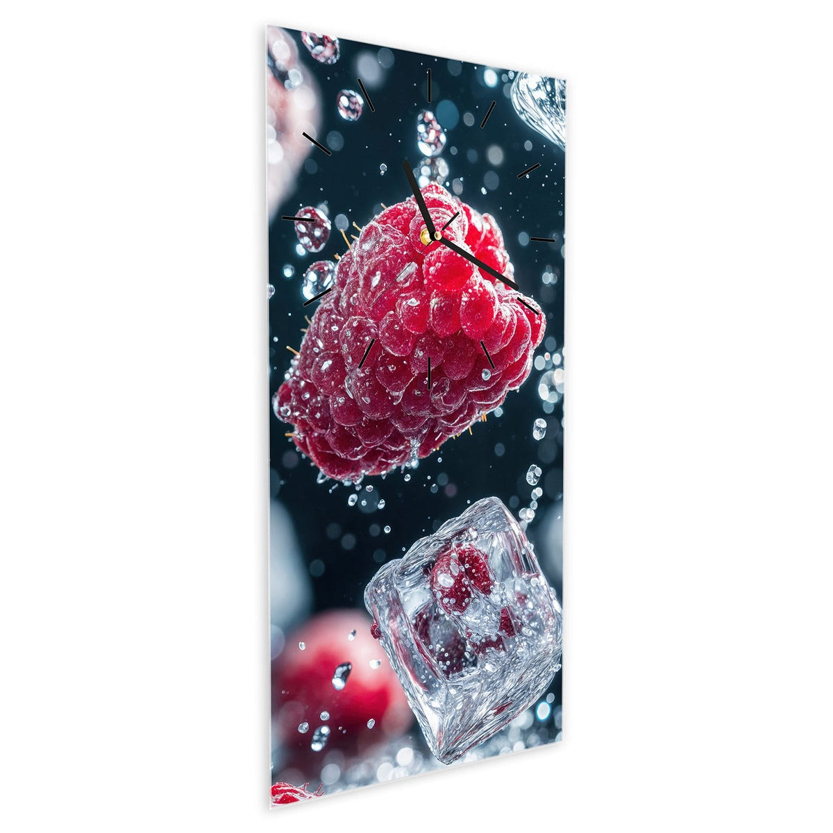Wanduhr aus Glas im Hochformat Himbeeren und Eiswürfel schräg von der Seite, 4 mm starkes Glas