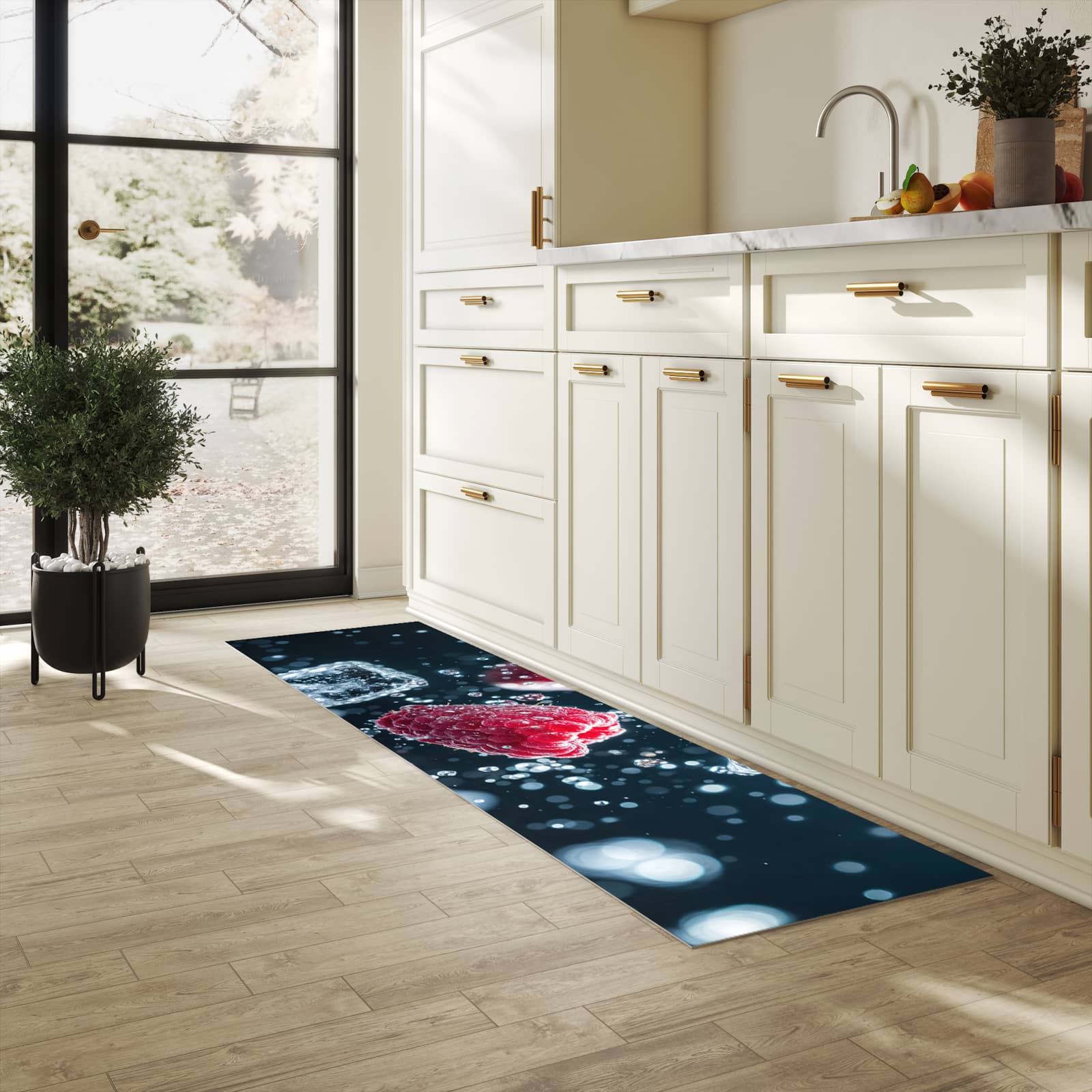 Pflegeleichter waschbarer Küchenläufer mit Motiv Himbeeren im Regen in heller Küche