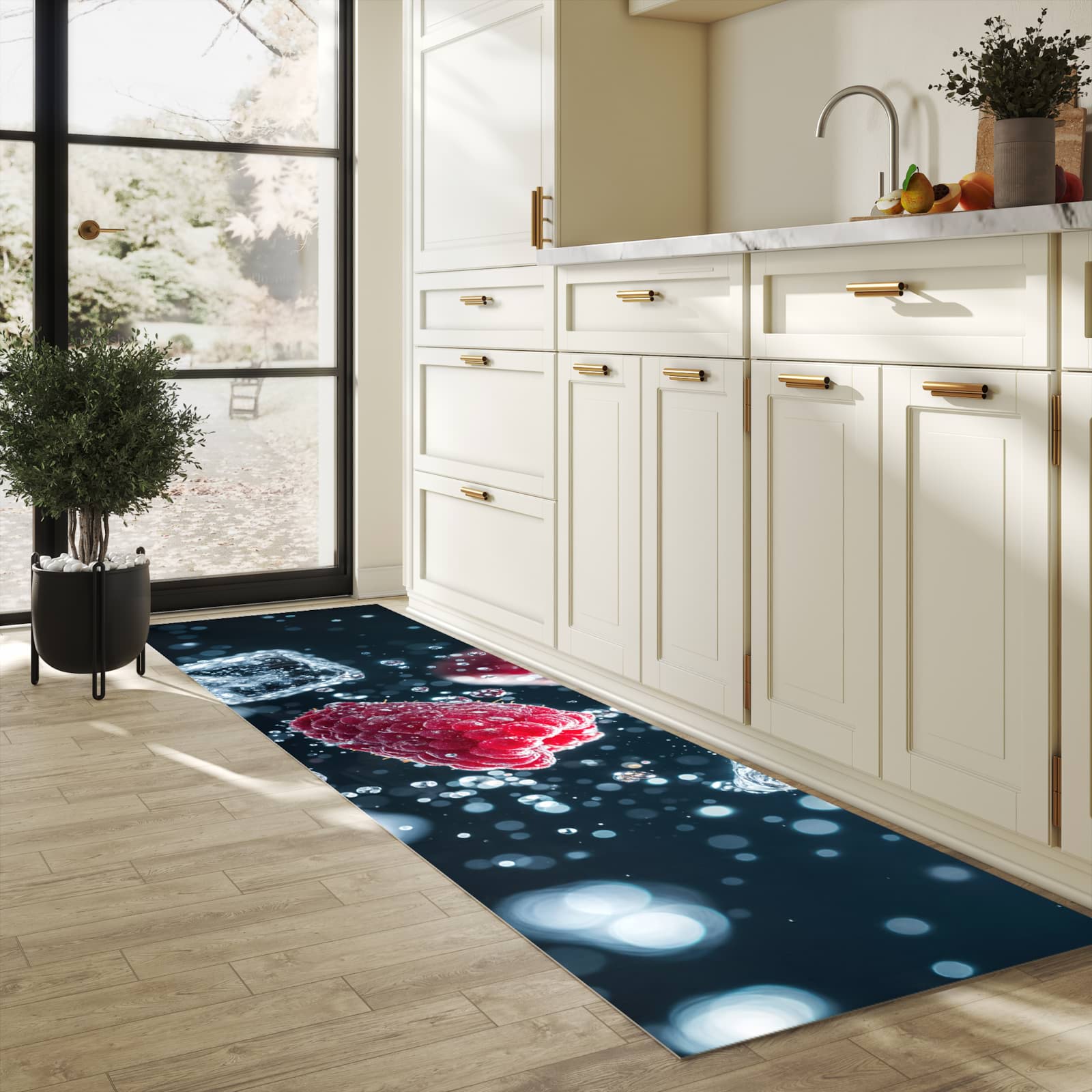 Abwaschbarer Küchenteppich mit Motiv Himbeeren im Regen in heller Küche