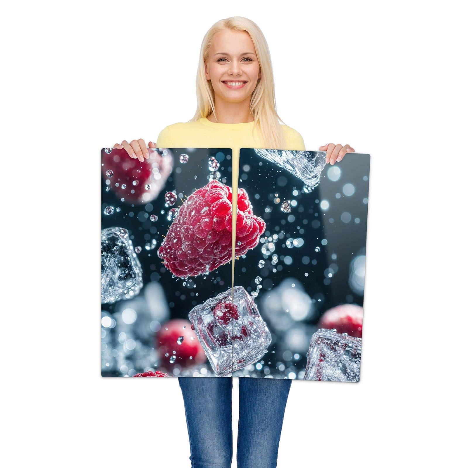 2-teilige Kochfeldabdeckung mit Himbeeren im Regen-Motiv wird zur Größendarstellung gehalten