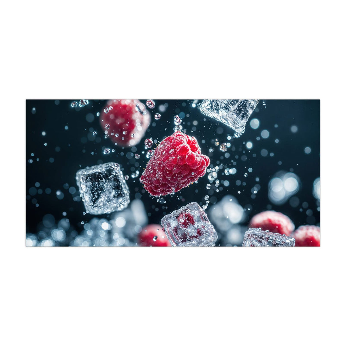 Küchenrückwand aus Glas Himbeeren und Eiswürfel im Hochformat, Motiv bildfüllend von vorn