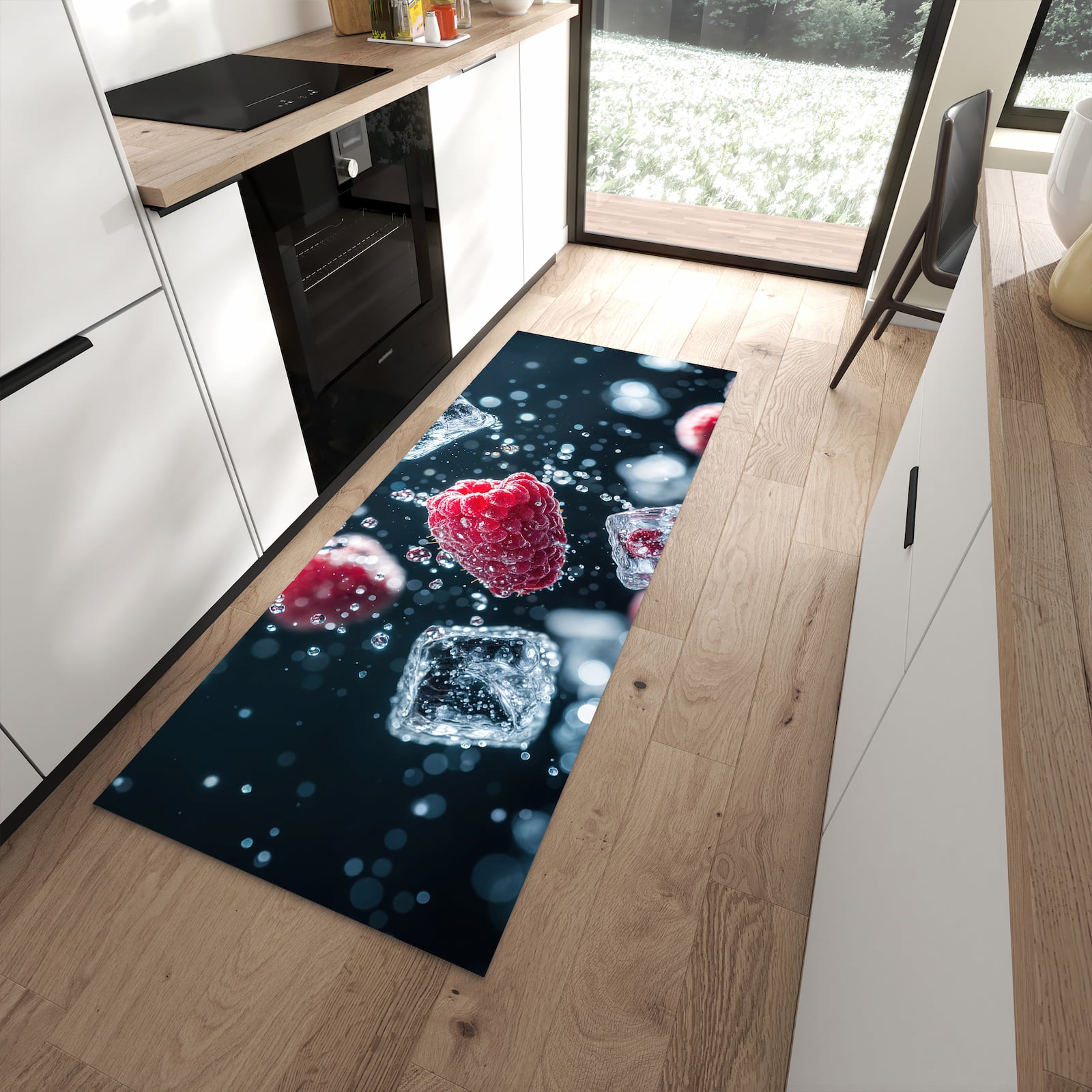 Rutschfester Küchenläufer mit Motiv Himbeeren im Regen in moderner Küche