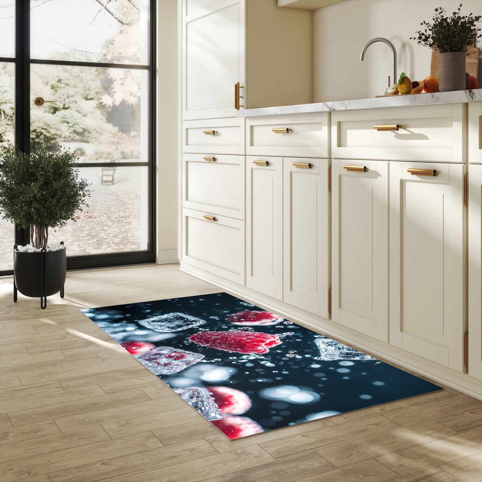 Langlebiger Küchenläufer mit Motiv Himbeeren im Regen in heller Küche