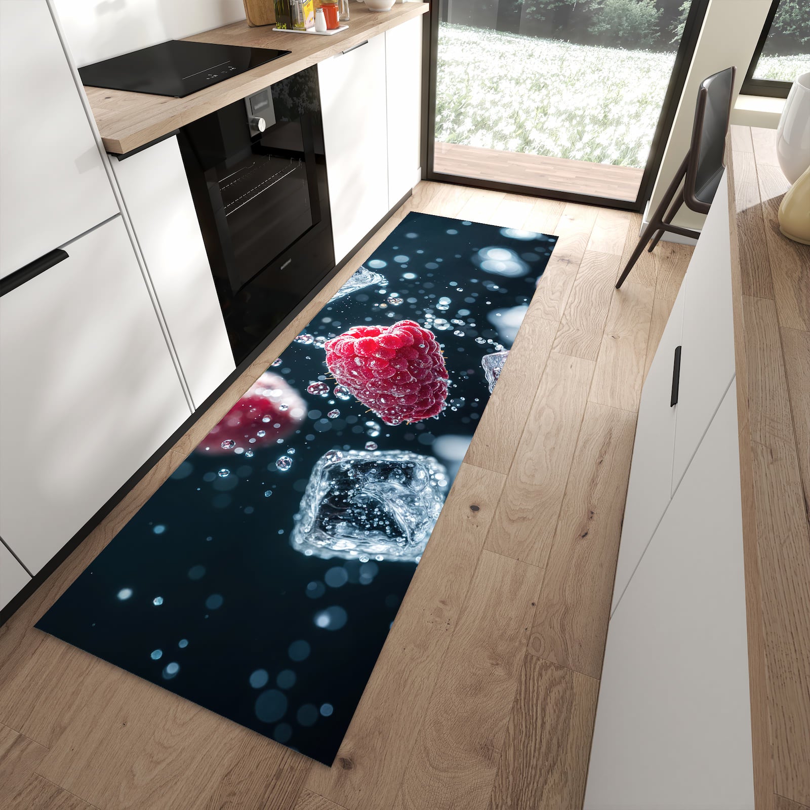 Feuchtigkeitsresistenter waschbarer Küchenläufer mit Motiv Himbeeren im Regen in moderner Küche
