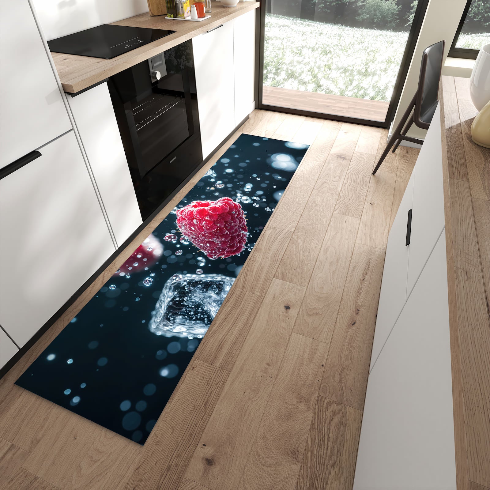 Hygienischer Küchenläufer mit Motiv Himbeeren im Regen in moderner Küche