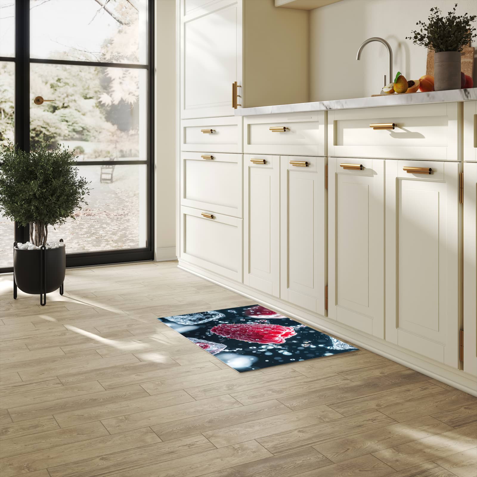 Pflegeleichter Küchenläufer nach Maß mit Motiv Himbeeren im Regen in heller Küche