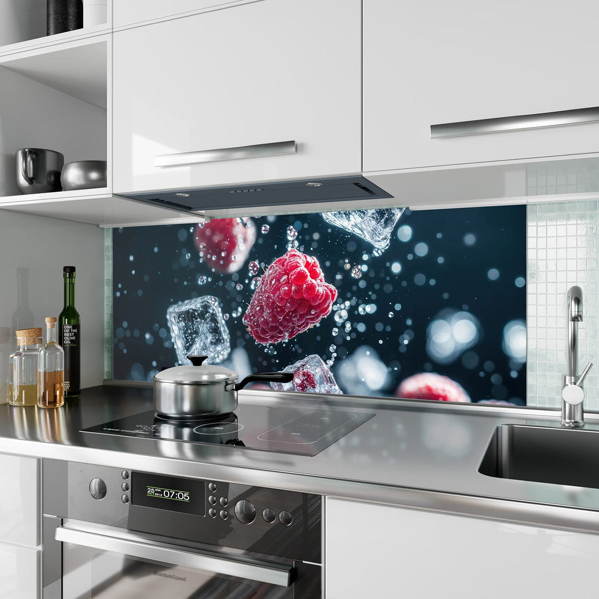 Küchenrückwand Himbeeren und Eiswürfel aus Glas – Himbeeren im Eiswürfel vor Dunkel