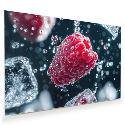 Wandbild mit dem Motiv Himbeeren und Eiswürfel