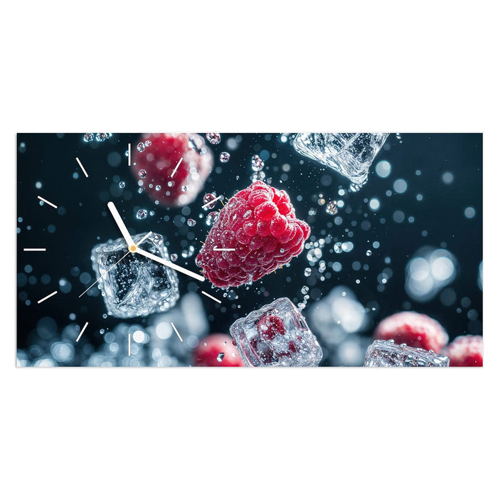 Wanduhr Himbeeren im Regen aus Glas – Querformat 60 × 30 cm mit Ziffernblatt Linie