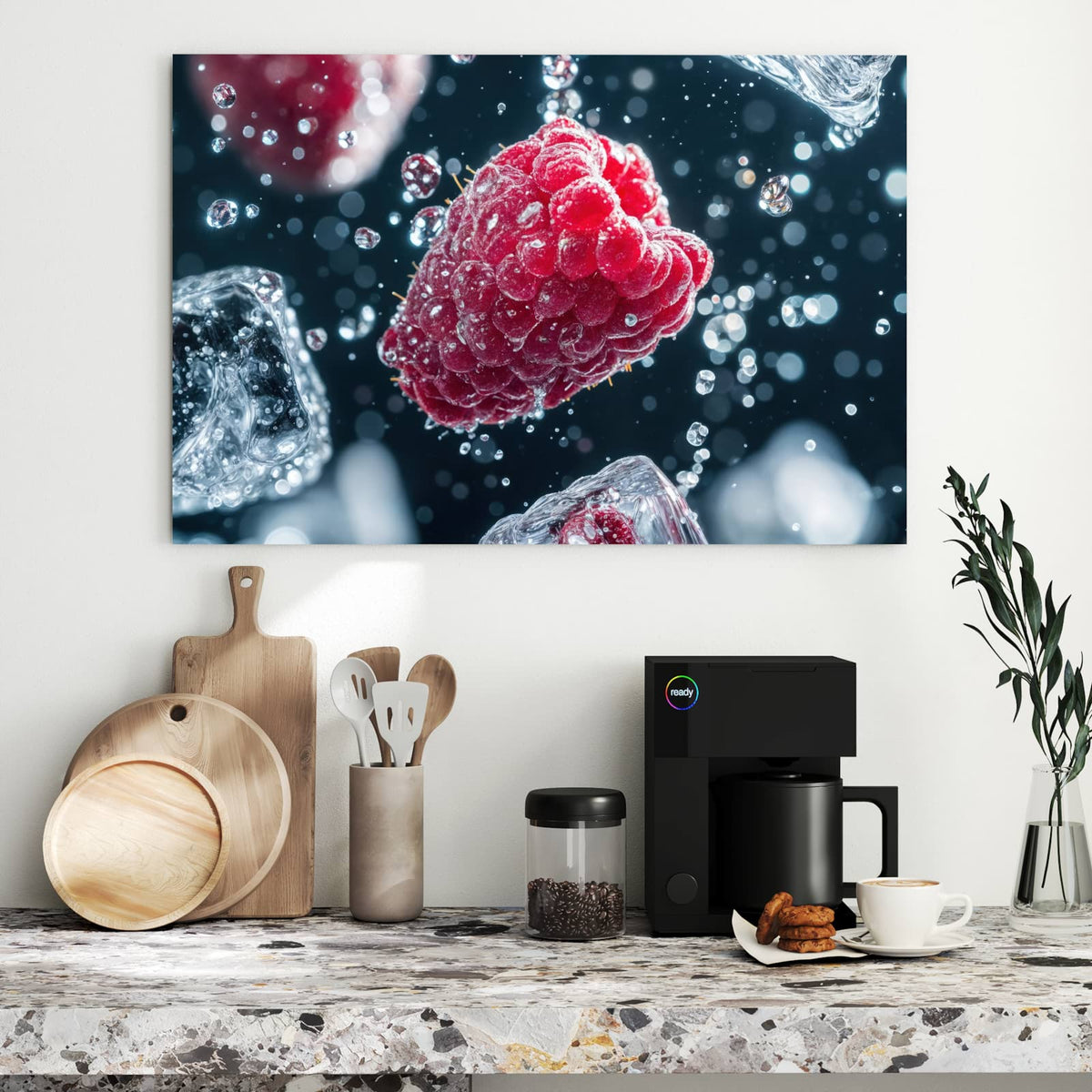 Metall Magnettafel - Himbeeren und Eiswürfel – Himbeeren im Eiswürfel vor Dunkel