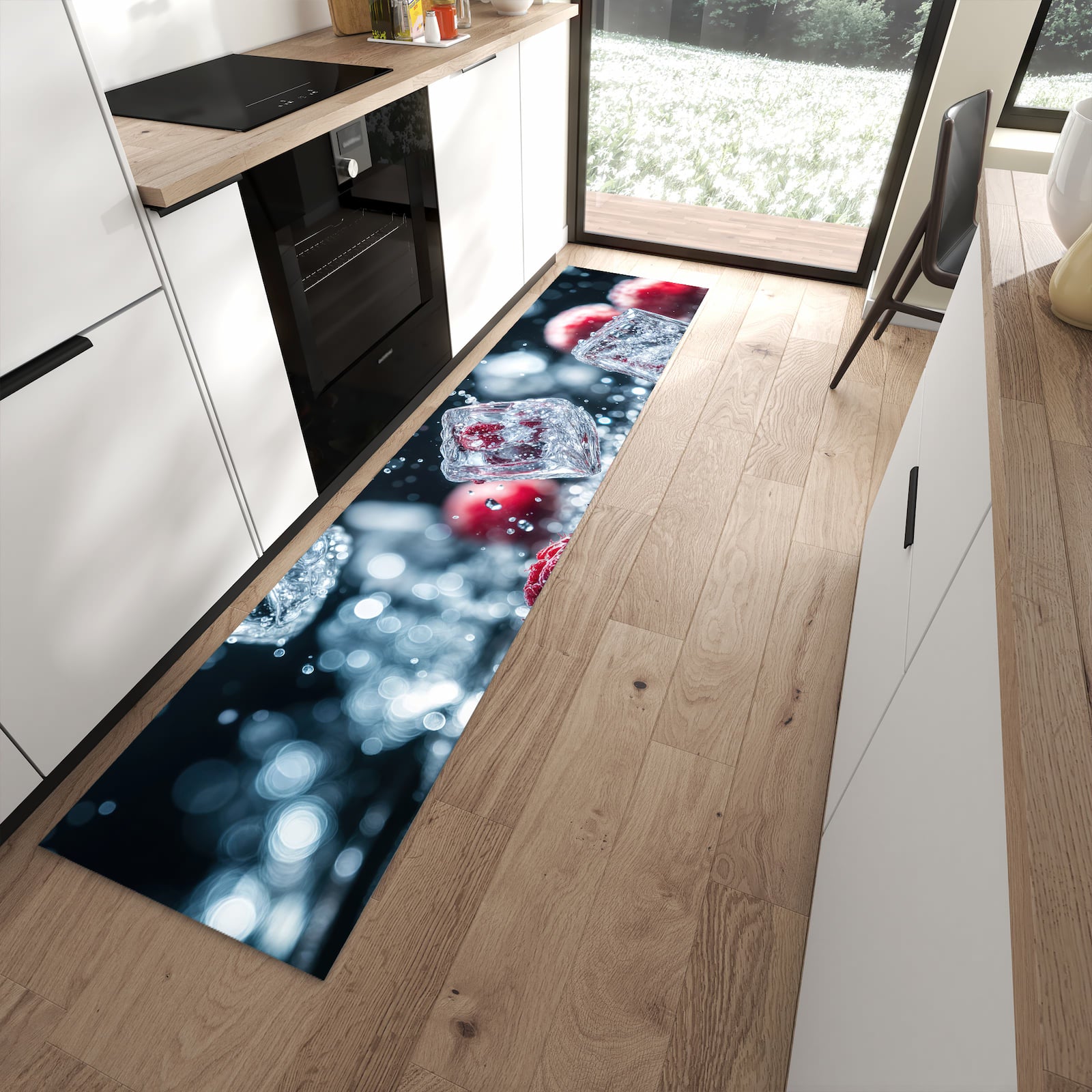 Strapazierfähiger Küchenläufer mit Motiv Himbeeren im Regen in moderner Küche
