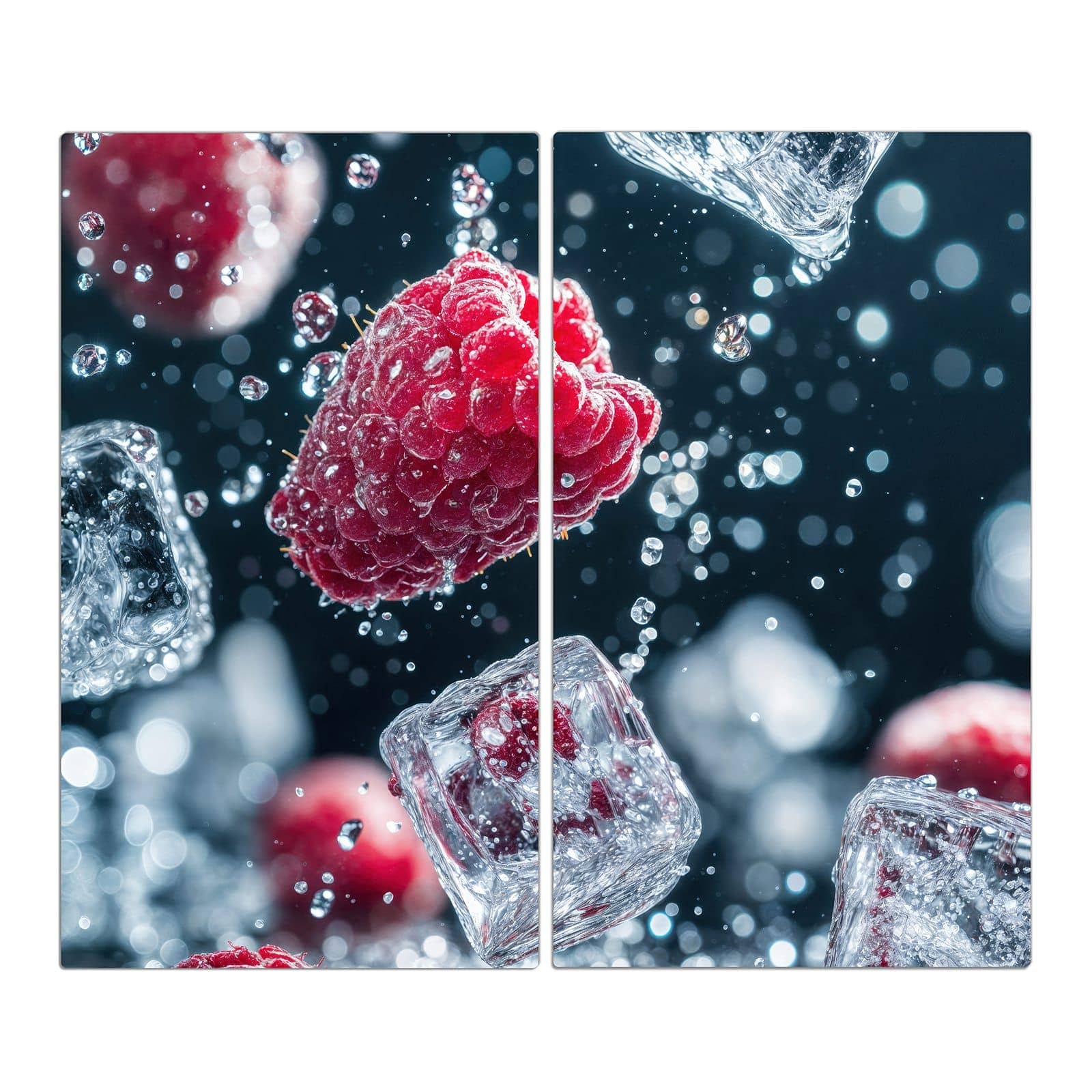 2-teilige Glasplatte für Herd mit Himbeeren im Regen-Motiv in der Frontansicht #grösse_2-Teilig (60x52cm)