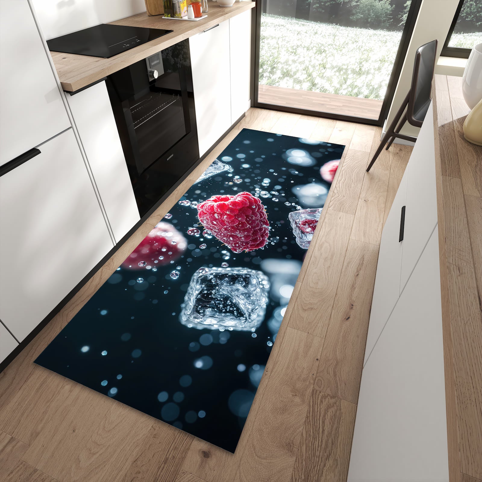 Farbbeständiger Küchenläufer mit Motiv Himbeeren im Regen in moderner Küche zum Waschen