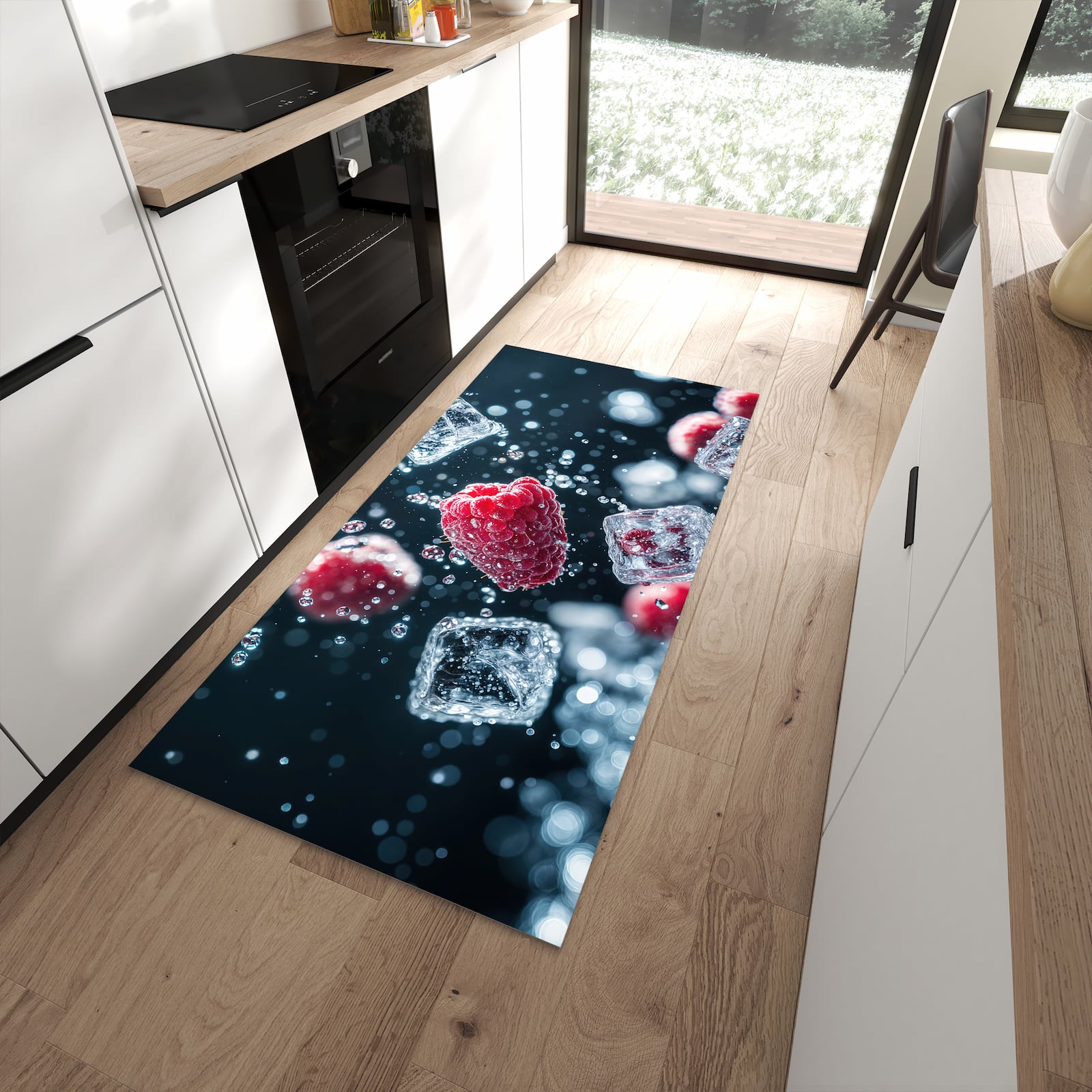 Bodenschonender Küchenläufer nach Maß mit Motiv Himbeeren im Regen in moderner Küche