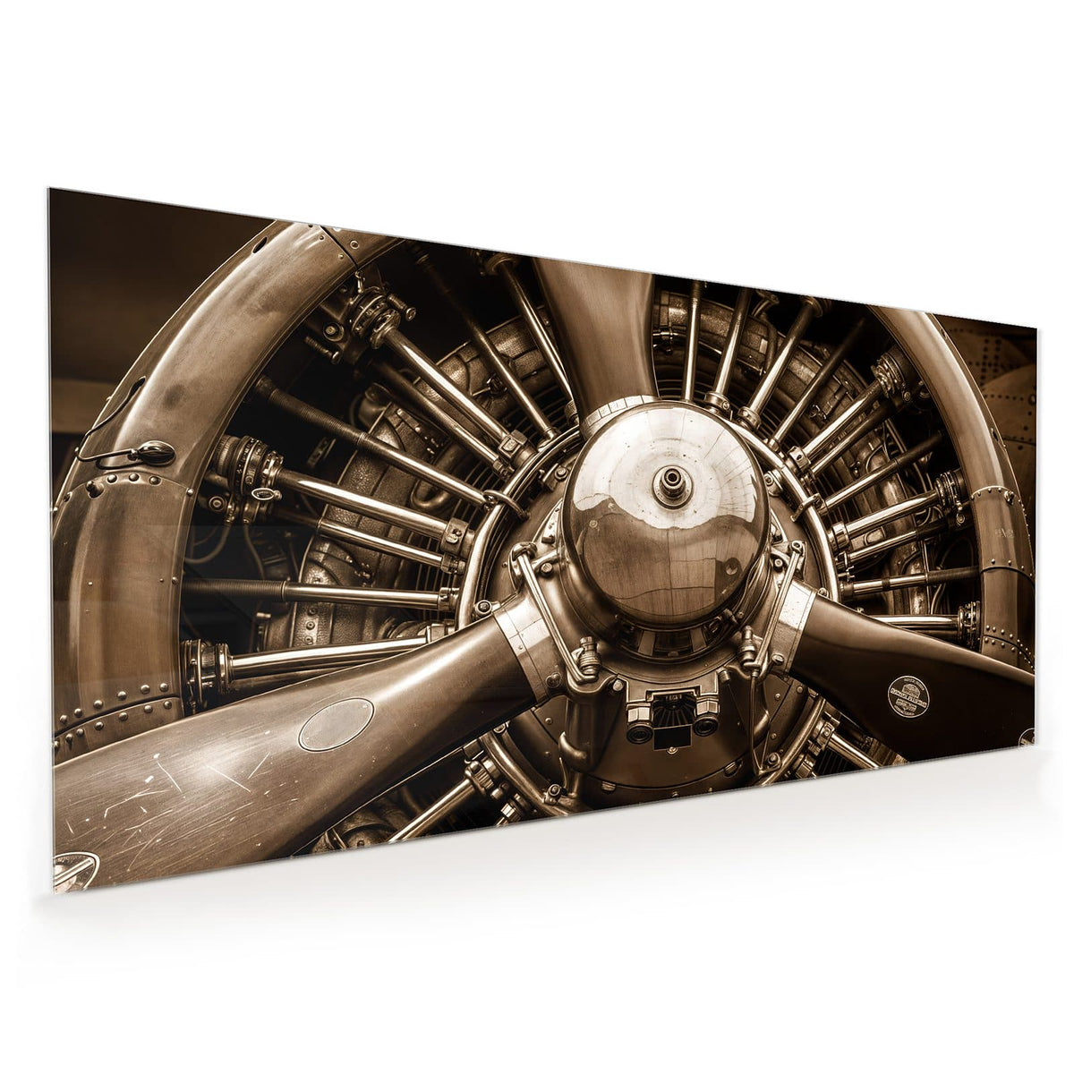 Küchenrückwand aus Glas im Hochformat: Sepiafarbene Frontalaufnahme eines Sternmotors mit Propellerblättern, Zylindern und Stoßstangen