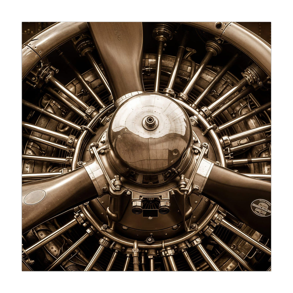 Küchenrückwand aus Glas Sternmotor in Sepia im quadratischen Format, Motiv bildfüllend von vorn
