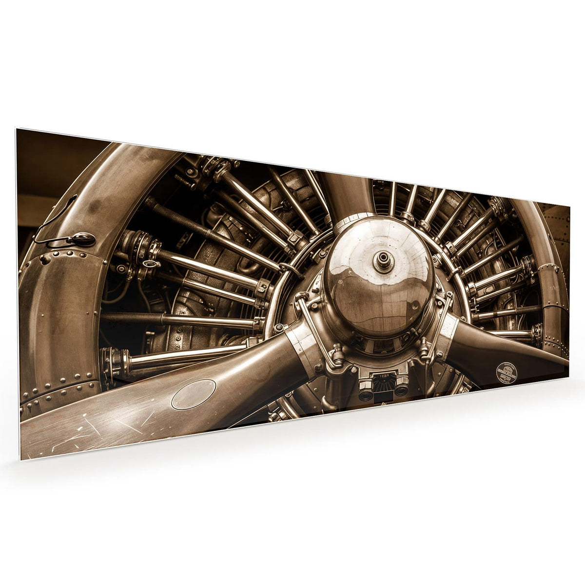 Küchenrückwand aus Glas im Hochformat: Sepiafarbene Frontalaufnahme eines Sternmotors mit Propellerblättern, Zylindern und Stoßstangen