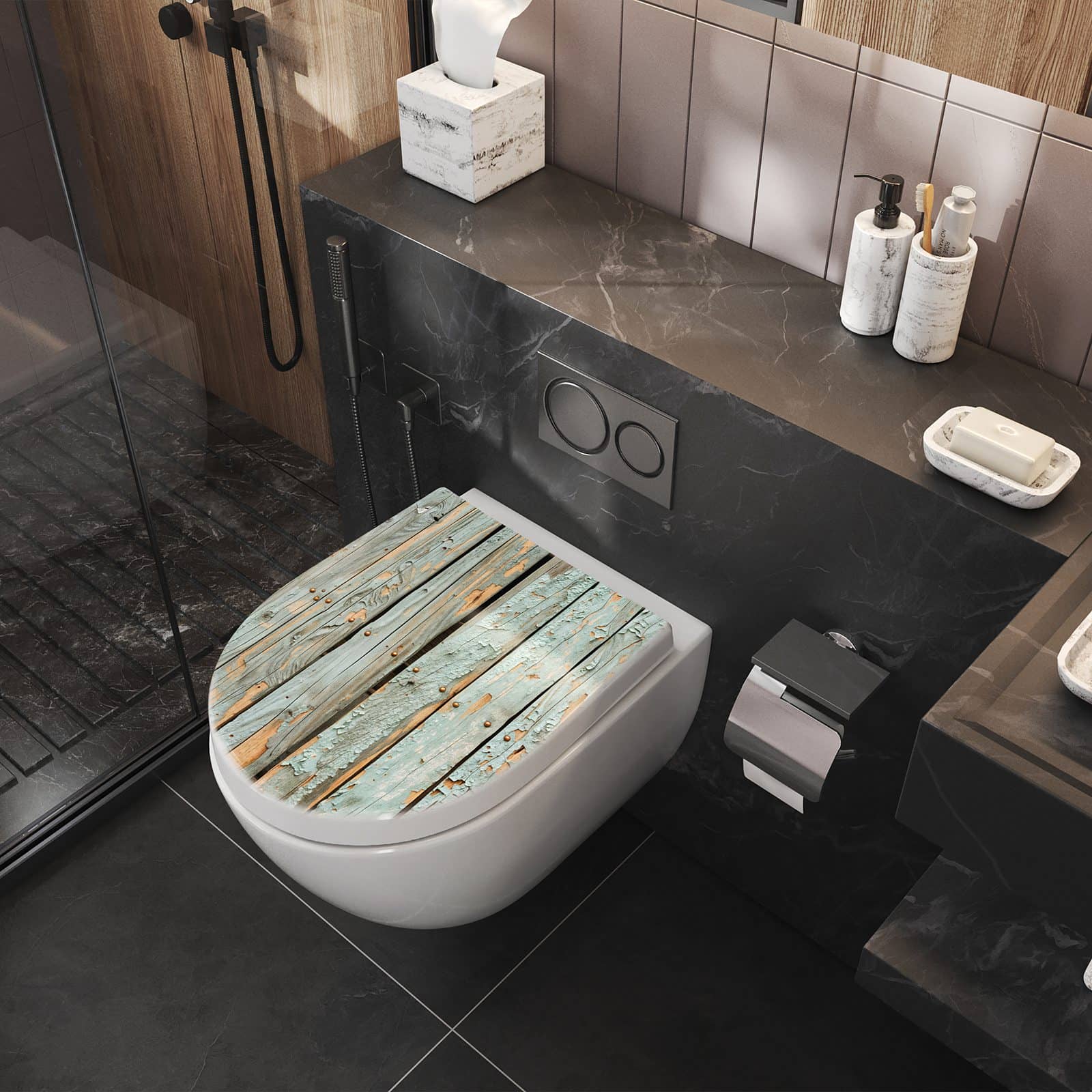 WC-Sitz mit Absenkautomatik Verwitterte Holzbretter