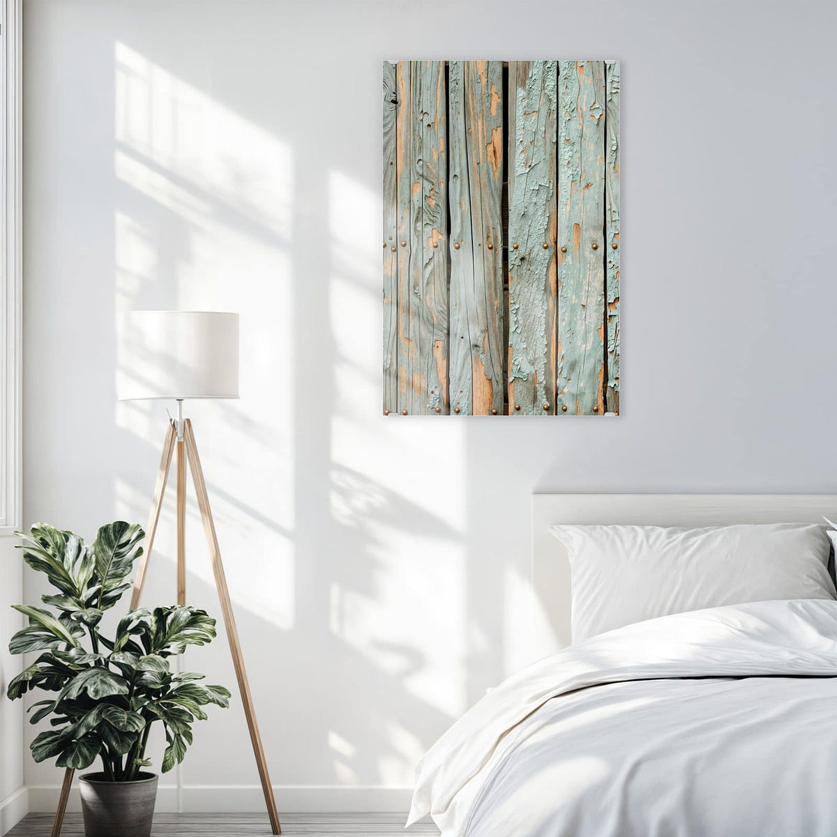 Glasbild Mintgrüne Holzlatten an der Wand – Senkrechte Latten mit abblätternder mintgrüner Farbe und rostigen Nagelköpfen