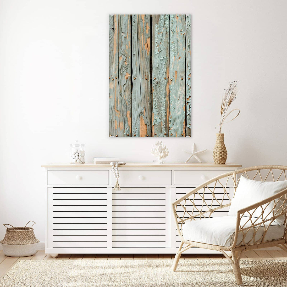 Glasbild Mintgrüne Holzlatten an der Wand – Senkrechte Latten mit abblätternder mintgrüner Farbe und rostigen Nagelköpfen