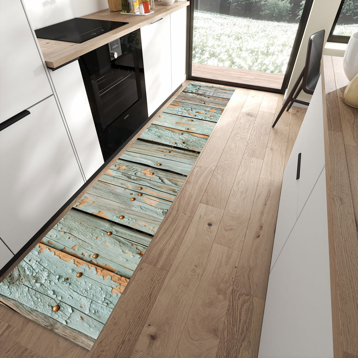 Wasserabweisender Küchenteppich mit Motiv Verwitterte Holzbretter in moderner Küche