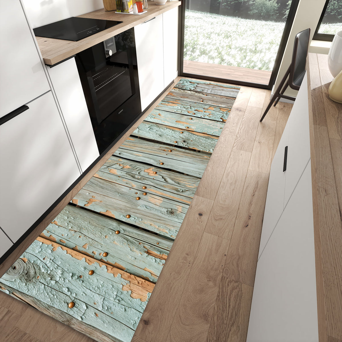 Flacher Küchenteppich mit Motiv Verwitterte Holzbretter in moderner Küche - waschbar
