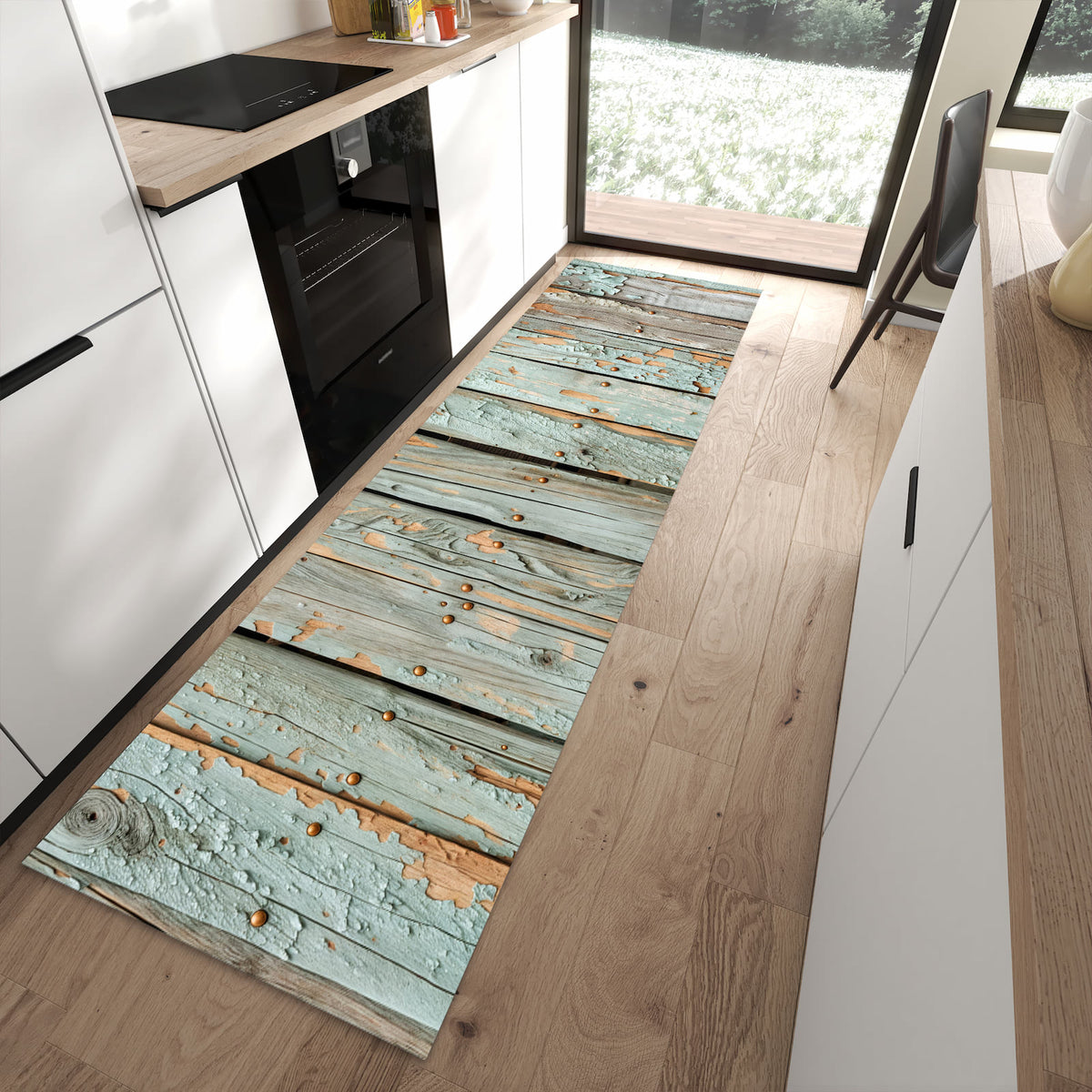 Langlebiger Küchenteppich mit Motiv Verwitterte Holzbretter in moderner Küche