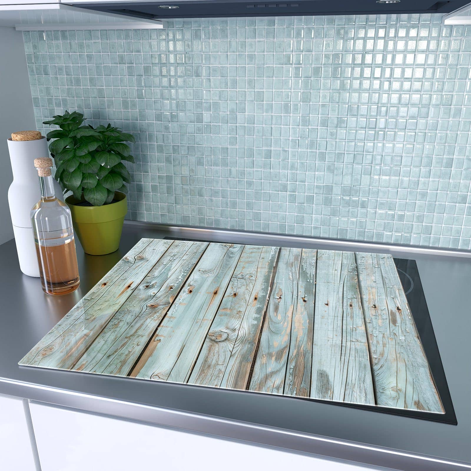 1-teilige Ceranfeld Abdeckplatten mit Hellblaue Holzplanken-Motiv auf dem Ceranfeld