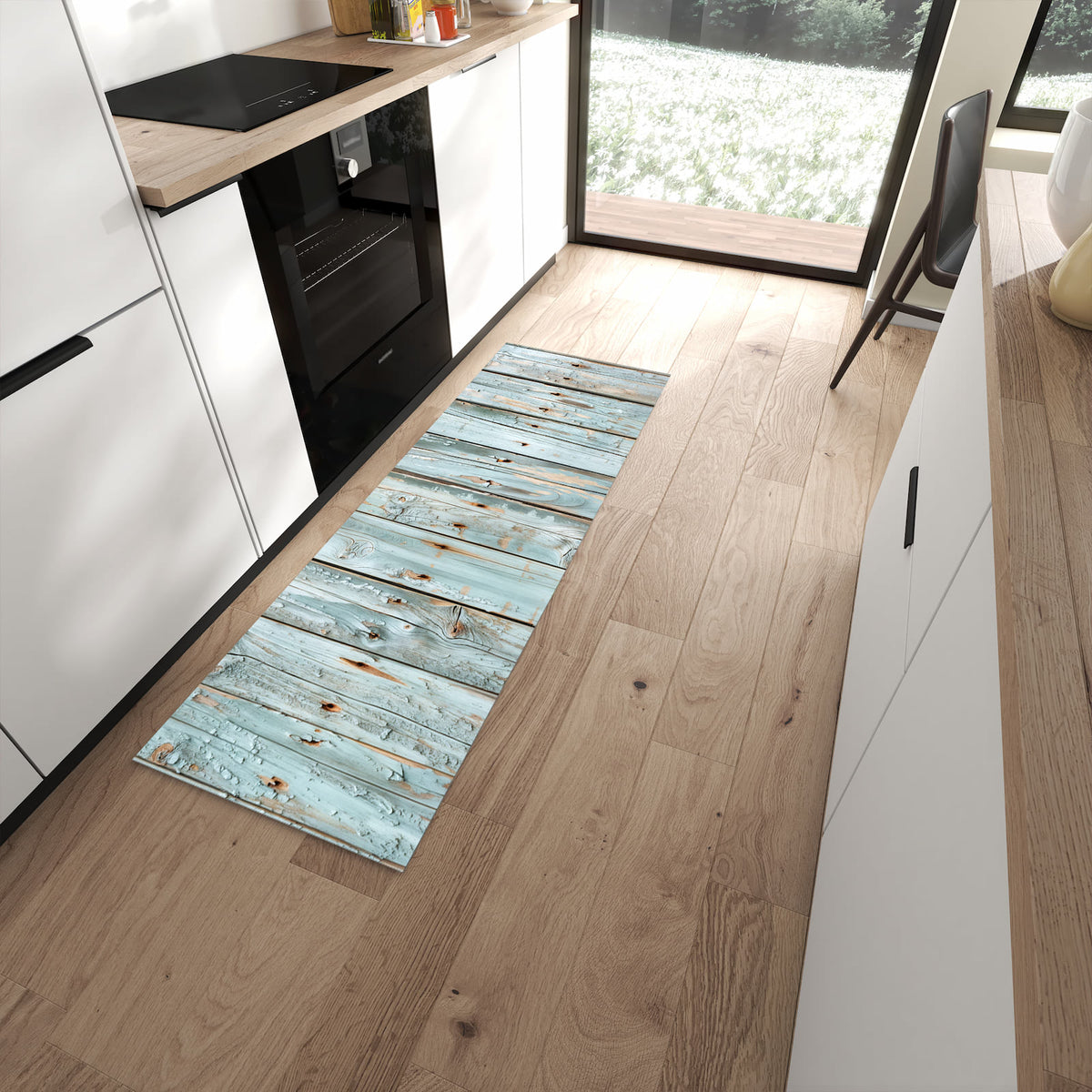 Strapazierfähiger Küchenläufer mit Motiv Holz von Verwittertes in moderner Küche