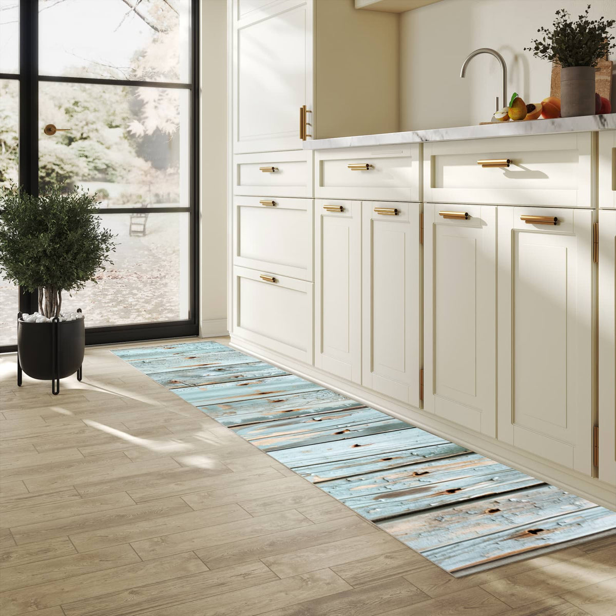 Dünner Küchenteppich mit Motiv Holz von Verwittertes in heller Küche für angenehme Haptik