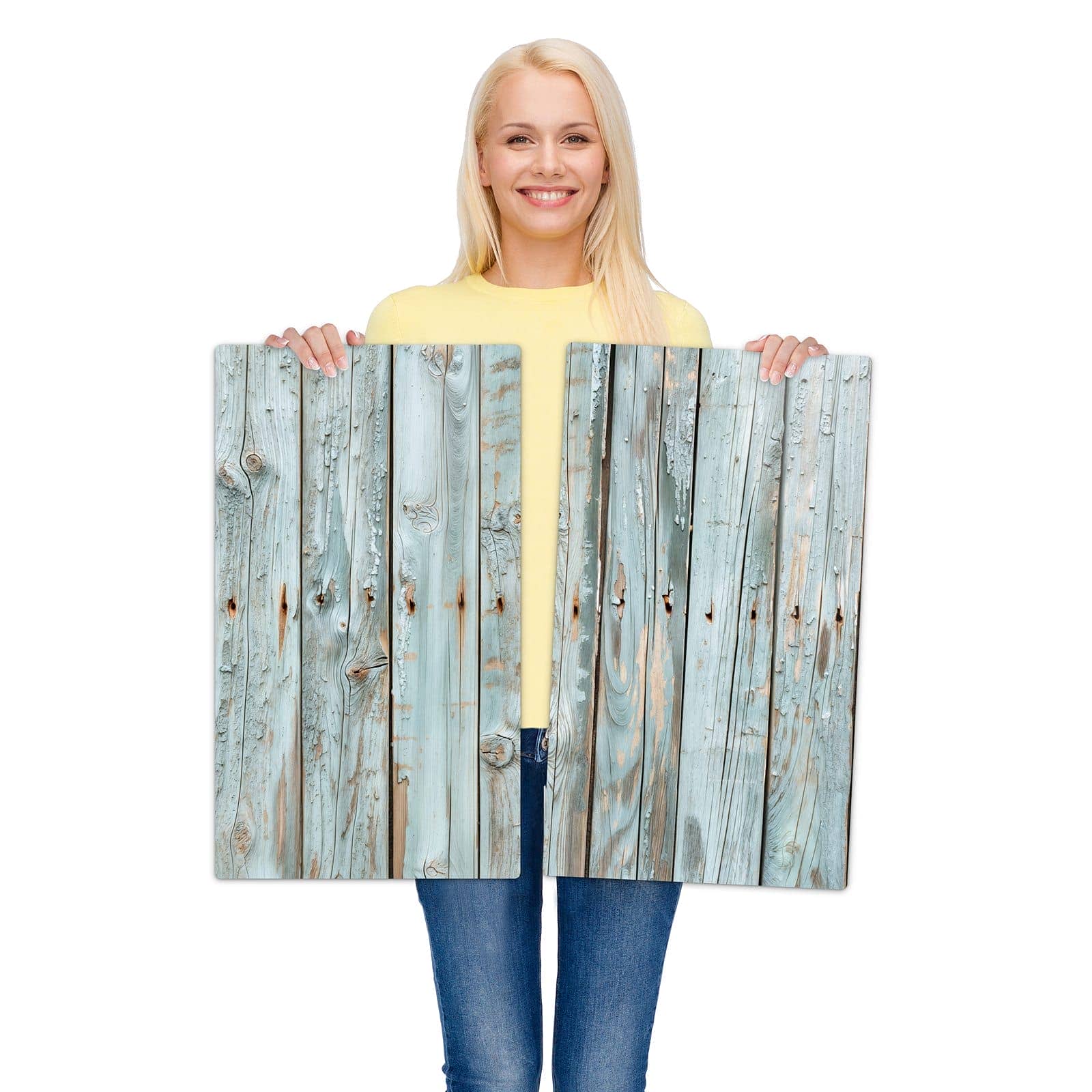 2-teilige Herdabdeckplatten für Ceranfeld mit Hellblaue Holzplanken-Motiv wird zur Größendarstellung gehalten