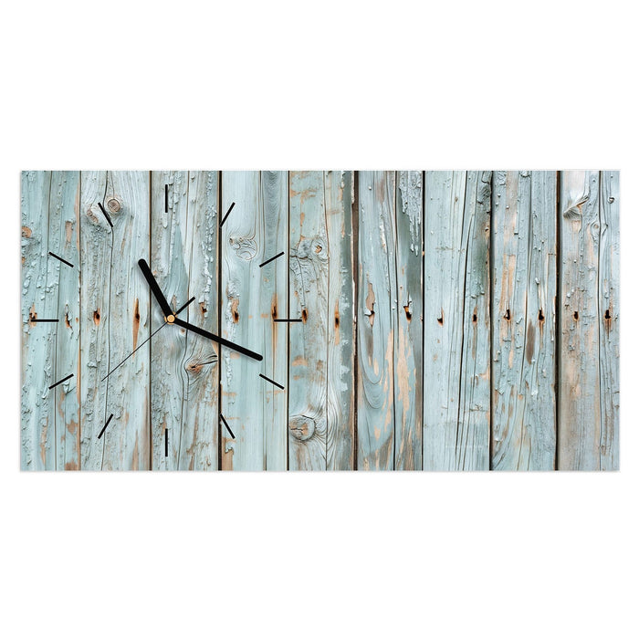 Wanduhr Hellblaue Holzplanken aus Glas – Querformat 60 × 30 cm mit Ziffernblatt Linie