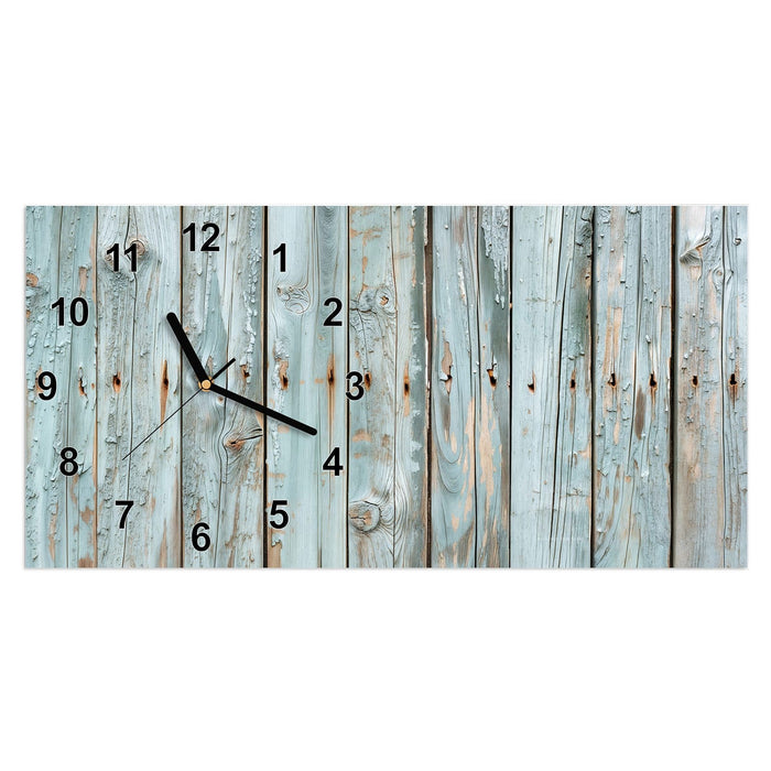 Wanduhr Hellblaue Holzplanken aus Glas – Querformat 60 × 30 cm mit Ziffernblatt Modern