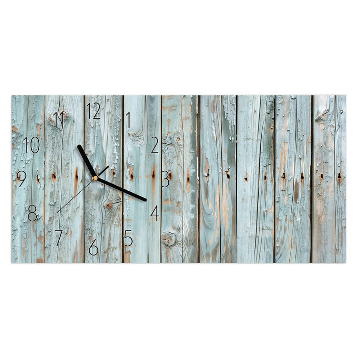 Wanduhr Hellblaue Holzplanken aus Glas – Querformat 60 × 30 cm mit Ziffernblatt Elegant