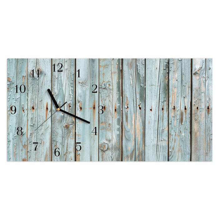 Wanduhr Hellblaue Holzplanken aus Glas – Querformat 60 × 30 cm mit Ziffernblatt Klassisch