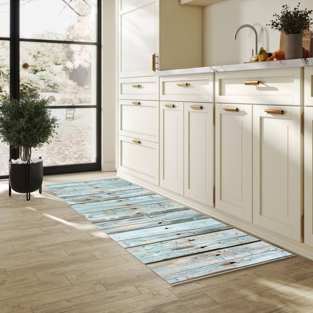 Waschbarer Teppich fürs Esszimmer mit Motiv Holz von Verwittertes in heller Küche