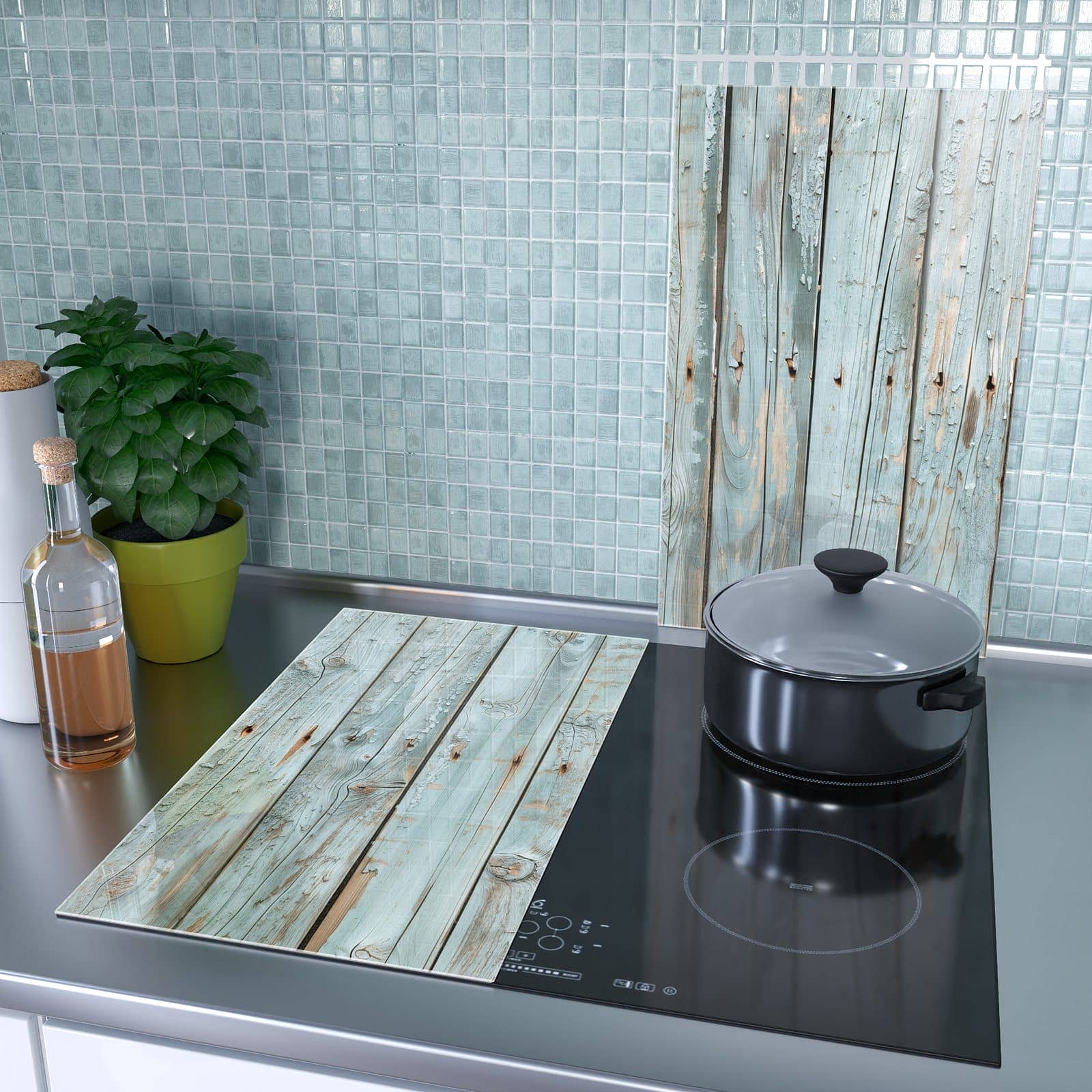2-teilige Ceranfeld Abdeckungen mit Hellblaue Holzplanken-Motiv als Spritzschutz hinter dem Kochfeld