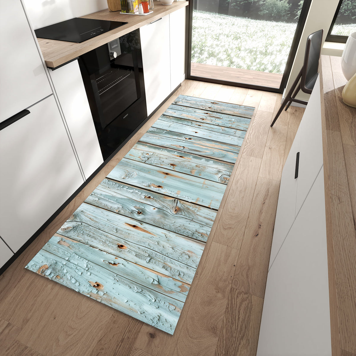Waschbarer Küchenteppich mit Motiv Holz von Verwittertes in moderner Küche für sichere Aufbewahrung