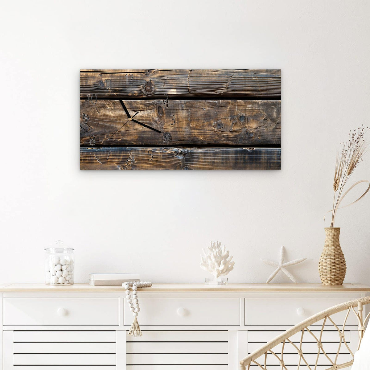 Wanduhr Alte Holzbohlen aus Glas – Querformat 60 × 30 cm – Rustikale Holzbalken mit Astlöchern