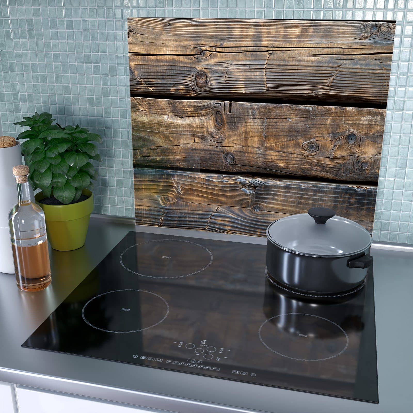 1-teilige Herdabdeckplatte mit Alte Holzbohlen-Motiv als Spritzschutz hinter dem Kochfeld