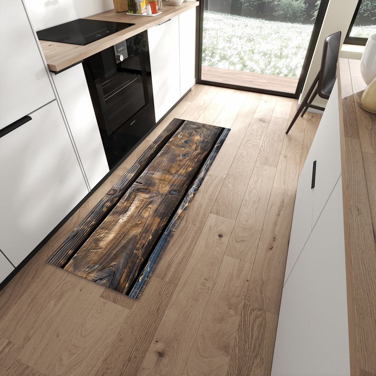 Komfortabler Küchenteppich mit Motiv Alte Holzbohlen in moderner Küche
