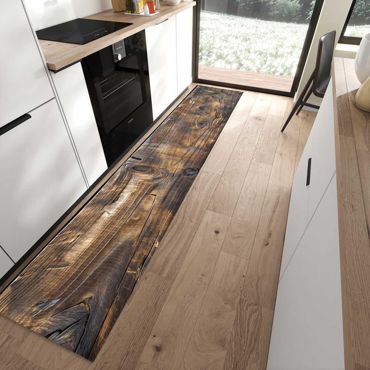 Schmutzabweisender Teppich für die Küche mit Motiv Alte Holzbohlen in moderner Küche