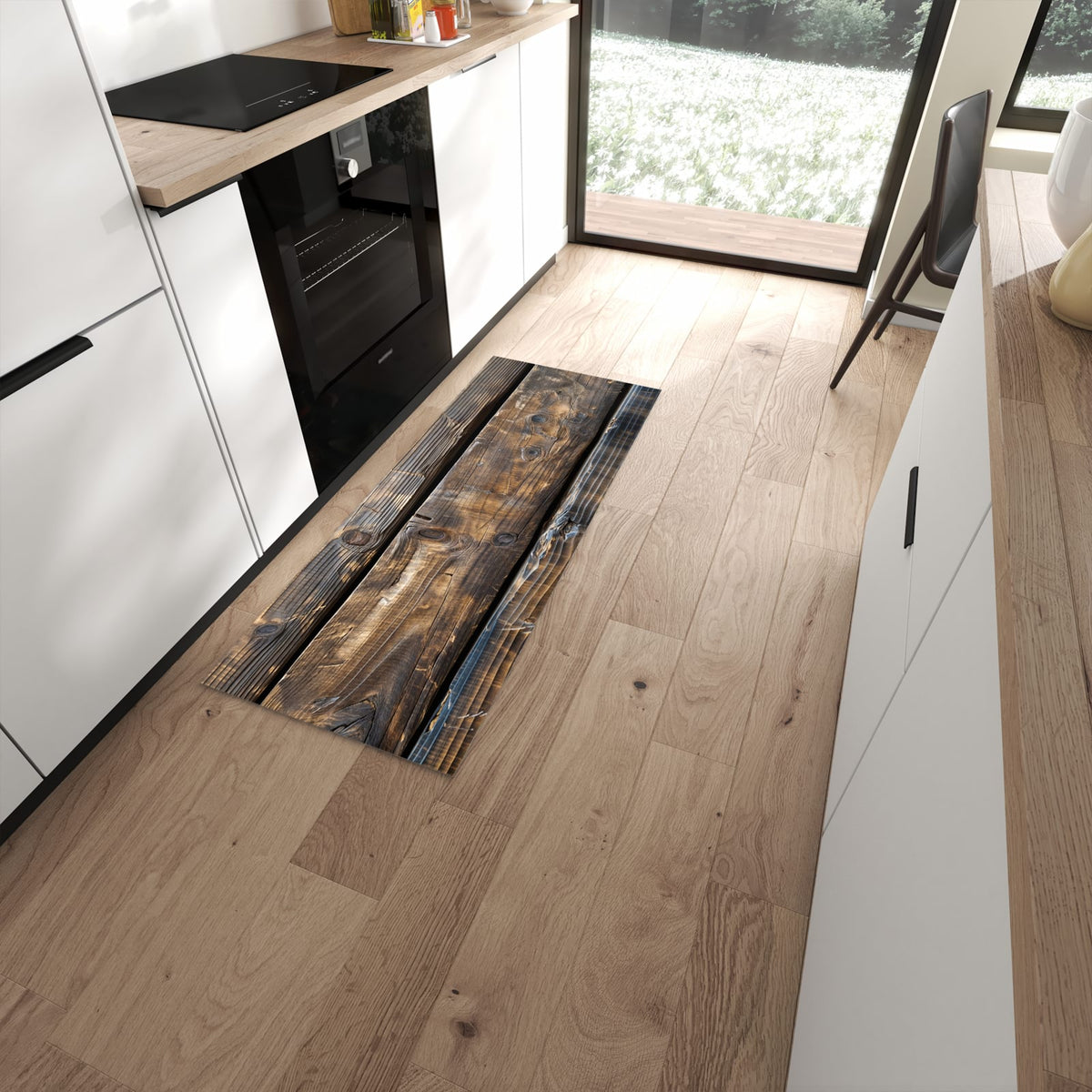 UV-beständiger Küchenteppich mit Motiv Alte Holzbohlen in moderner Küche #grösse_60 x 150 cm