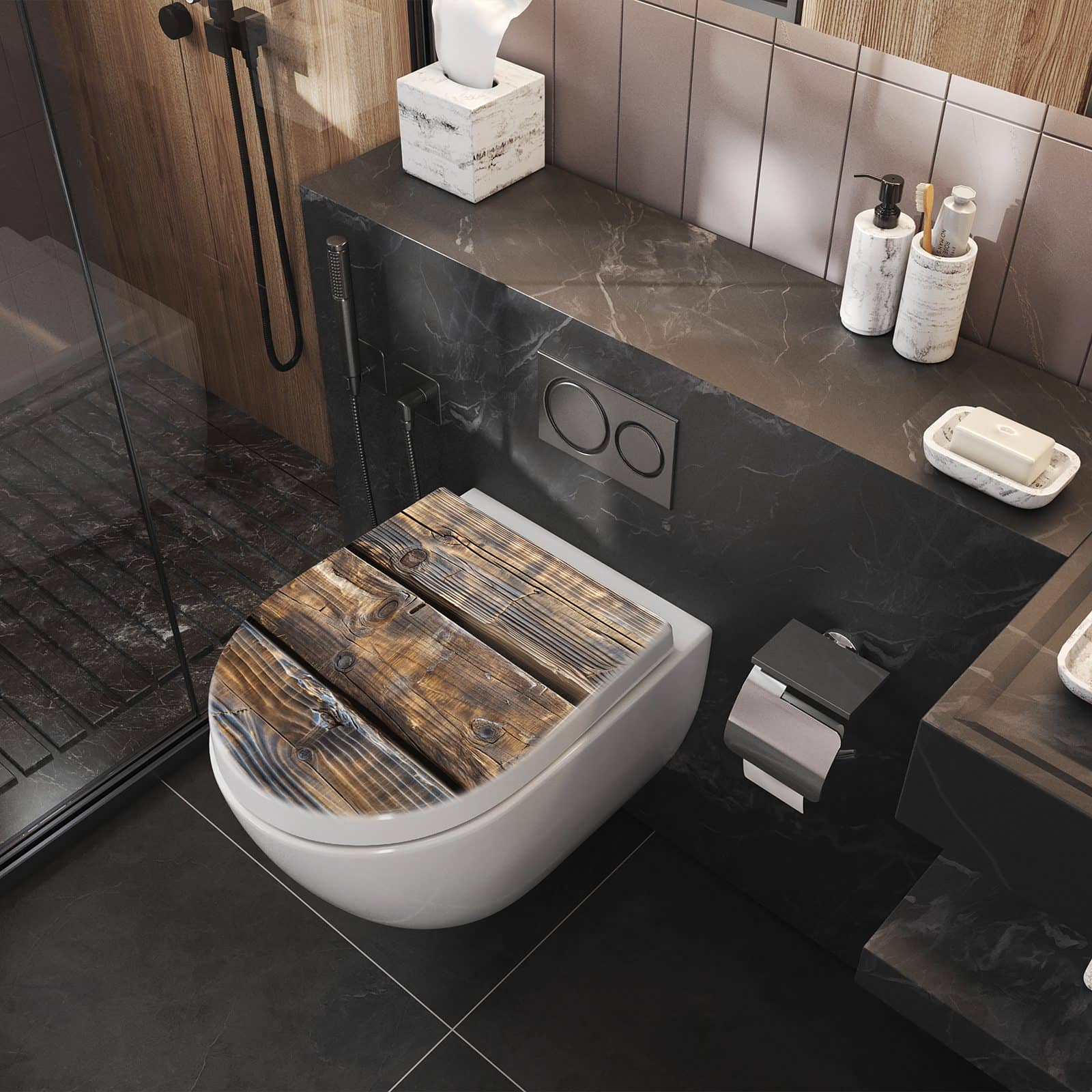 WC-Sitz mit Absenkautomatik Alte Holzbohlen